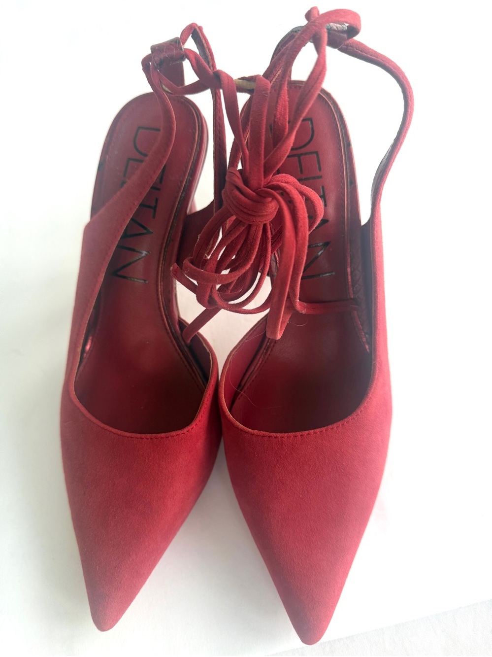 Deltan Sz 6 Juliana Red Suede Leather Ankle Laces Reptile Accents High Heels NEW